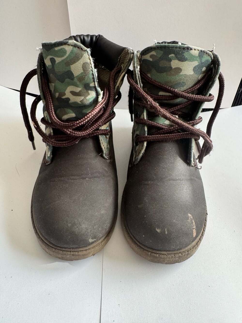 Official Supply Brown and Camo Canvas Lace-Up Kids Boots Size 10